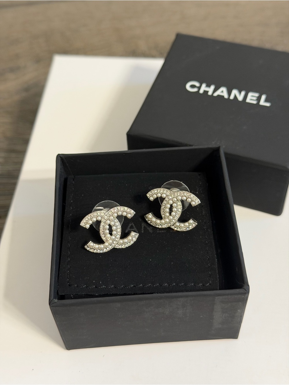 Chanel Crystal Pearl CC Logo Stud Silver Earrings